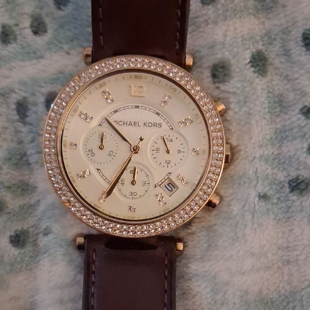 Michael Kors Gold Crystal-Studded Watch with Brown Strap